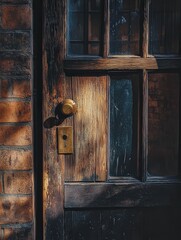 a weathered wooden door with a brass handle, set in a brick frame, its natural textures