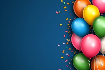 Whimsical tails with colorful balloons and confetti on a dark blue background, vector illustration. Happy birthday celebration party banner template design for holiday greeting cards, weddings,