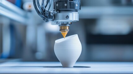 Additive Manufacturing Process in Action - Close-up of a 3D printer creating a white object, showcasing the intricate details and precision of additive manufacturing technology