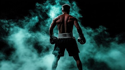 Obraz premium Athletic boxer fighting in boxing gloves in a boxing cage. Dramatic photo. Isolated on black background with smoke. Copy space.