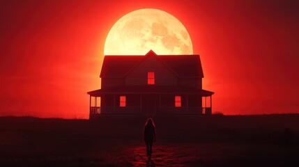 Fototapeta premium Mysterious Person Approaches Creepy Abandoned House Under Eerie Red Full Moon Glow