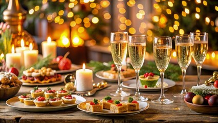New Year's Eve champagne toast with hors d'oeuvres, luxurious and celebratory
