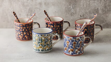 A set of ceramic coffee mugs with matching spoons, placed on a neutral surface.