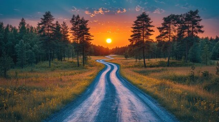 Obraz premium Sunset Forest Road Winding Path Summer