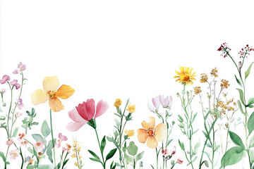 Simple watercolor illustration, spring wild flowers on white background. Different delicate flowers, plants, leaves and grass. Aquarelle sketch. Blurred paint stains.