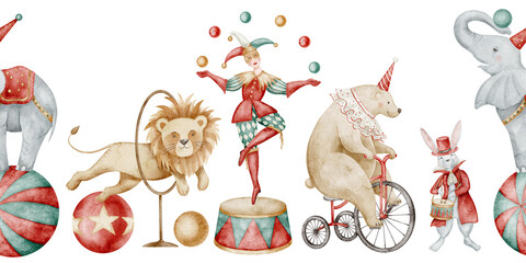 Watercolor Circus Border with cute Carnival animals. Seamless pattern with playful elephant, lion, bear, rabbit, and seal performing acts. Drawing for childish party banner or baby greeting cards. © Alisles