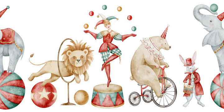 Watercolor Circus Border with cute Carnival animals. Seamless pattern with playful elephant, lion, bear, rabbit, and seal performing acts. Drawing for childish party banner or baby greeting cards.