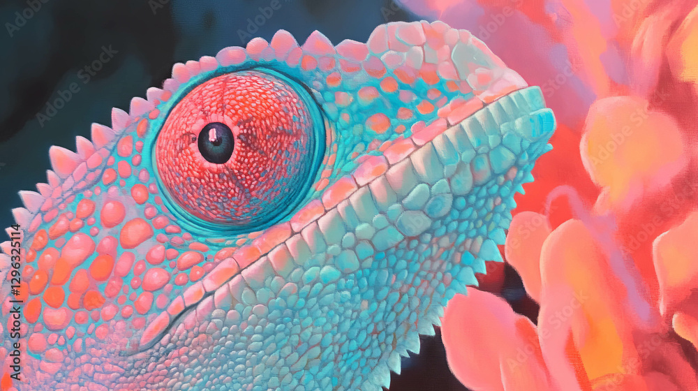 Poster Vibrant chameleon close-up with intricate colorful patterns for nature and art design