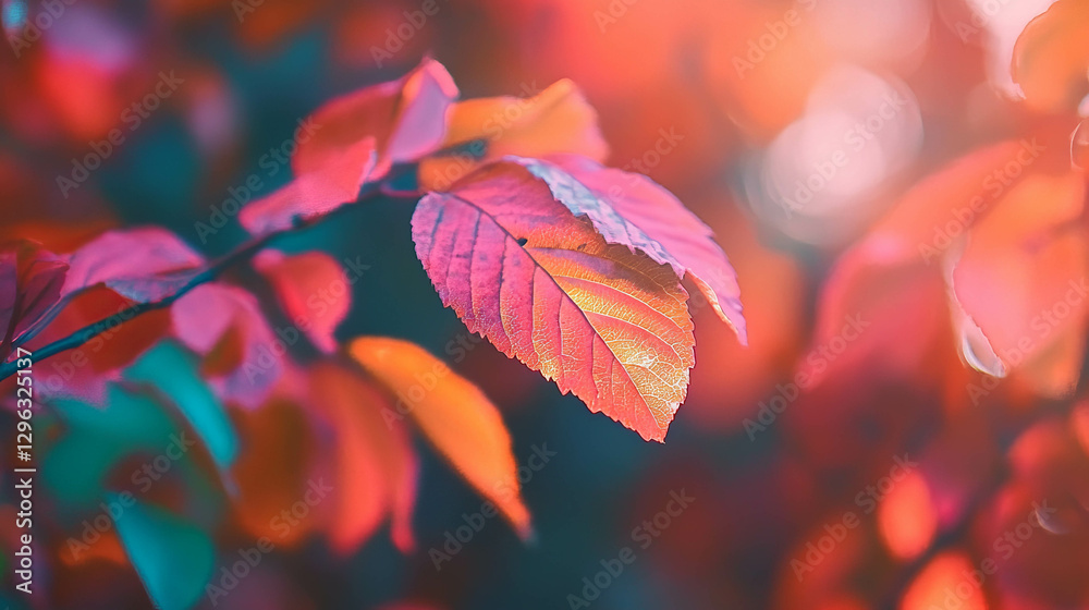 Poster vibrant autumn leaf with intricate details in soft focus background