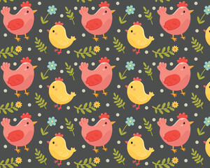 A chicken and a chick. Hand drawn. Vector pattern