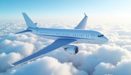 Obraz premium Cartoon jumbo jet soaring above clouds on a clear day, travel concept