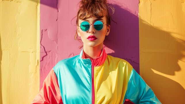 Vintage 90s woman in multicolored windbreaker, round sunglasses, pink lipstick portrait image. 80s aesthetic female picture photography. Nostalgia fashion model concept photo realistic
