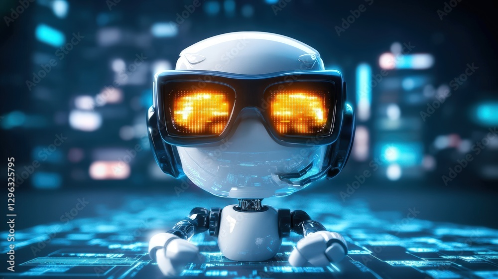 Poster robot with glasses sitting on a computer keyboard in front of a photo backdrop