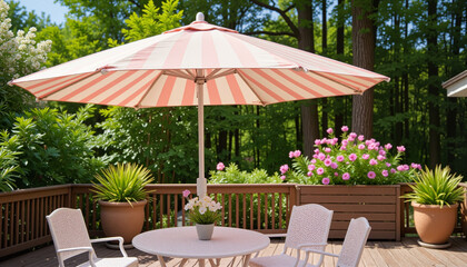 Obraz premium Trendy striped outdoor umbrella in pastel colors providing shade over a café table