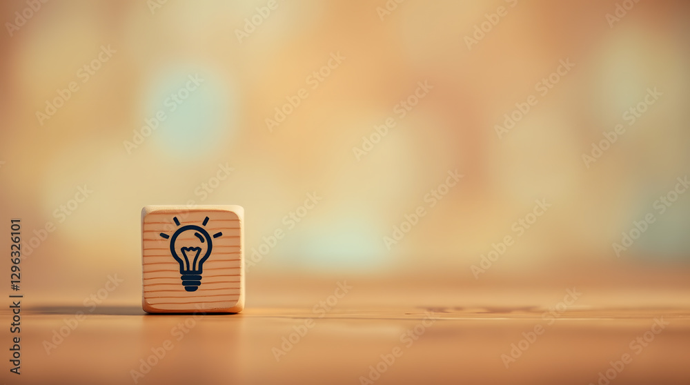Poster wooden cube with a light bulb icon against a blurred background