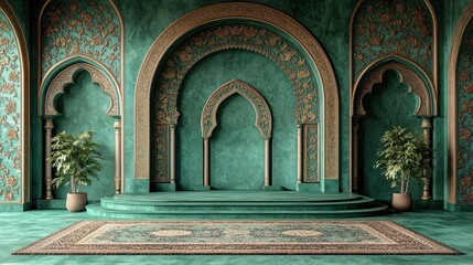 Teal and gold ornate archway interior with platform and rug.