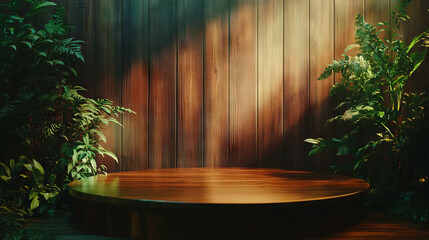 Warmly lit dark wooden podium with rust accents and natural foliage