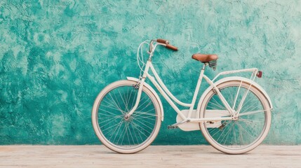 Fototapeta premium Vintage White Bicycle Against Turquoise Wall with Wooden Floor