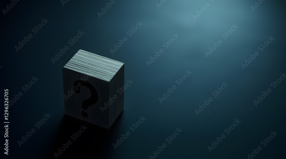 Poster a gray cube with a question mark, suggesting mystery, uncertainty, and the unknown
