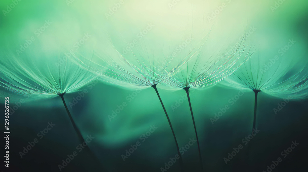 Poster detailed macro photograph of dandelion seed with soft green background for nature art