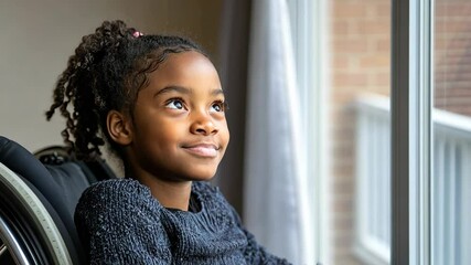 Young girl in wheelchair looking out the window with a hopeful expression while indoors during the day