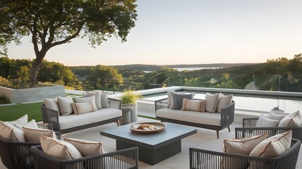 Elegant outdoor seating area with plush cushions, modern furniture, and scenic views.