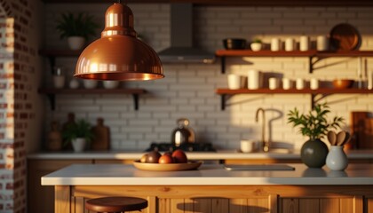Fototapeta premium Copper pendant lamp illuminating rustic kitchen island, cozy ambiance