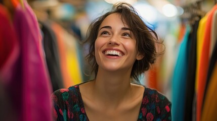 A woman with radiant smiles and eyes sparkling with joy, brows slightly furrowed in concentration as she peruses colorful clothing racks in a vibrant, bustling shopping store, her laughter echoing