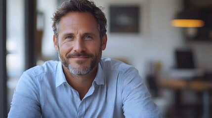 Obraz premium Confident business executive smiling while sitting at a minimalist desk, 8K high-quality clear photo