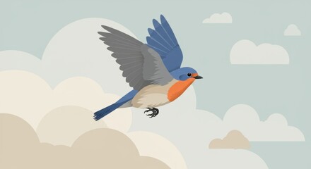 Fototapeta premium Colorful bird soaring through a cloudy sky, symbolizing freedom and nature's beauty - 