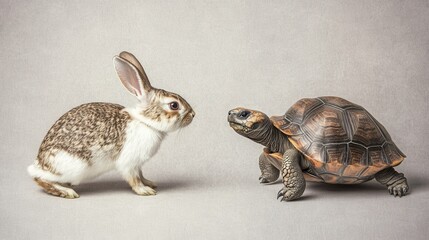 Rabbit and Tortoise Friendship on Neutral Background Image