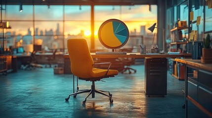 Sunset office, pie chart, desk, city view, analysis