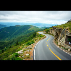 Fototapeta premium A high-angle perspective photograph depicting a curvy mountain road with greenery, cut out, showcasing vibrant complementary colors and balanced tones, emphasizing the elevated viewpoint