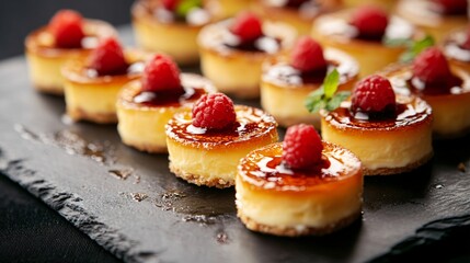 High-resolution photography of mini crème brûlée desserts arranged on a slate platter, ideal for catering or a dessert buffet