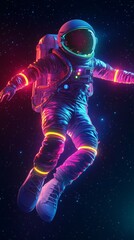 Fototapeta premium A vibrant, floating astronaut in space, surrounded by a spectrum of dazzling colors, symbolizing exploration, freedom, and the infinite possibilities of the universe. This concept captures the awe-ins
