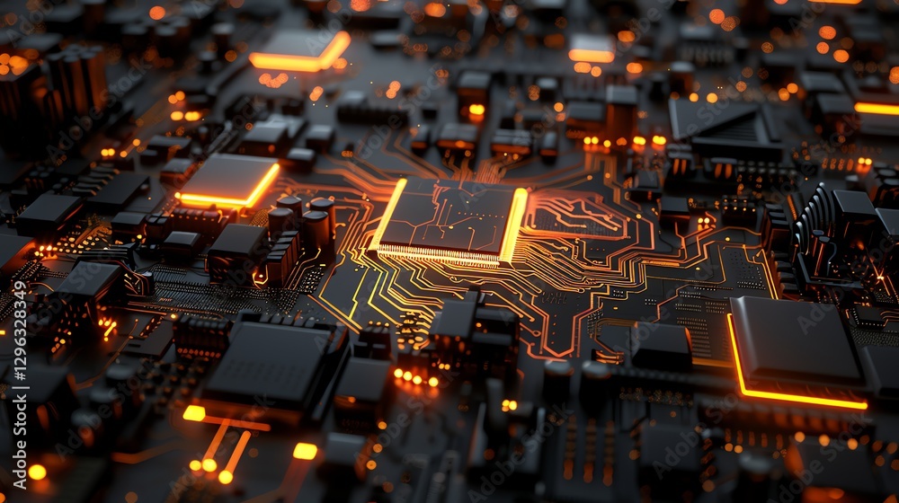Poster a 3d rendering of a circuit board with a glowing processor in the center.