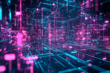Naklejka premium A futuristic 3D abstract background featuring a holographic cityscape made of luminous floating grids, softly illuminated in cyan and magenta. The reflections and dynamic arrangement create a sci-fi