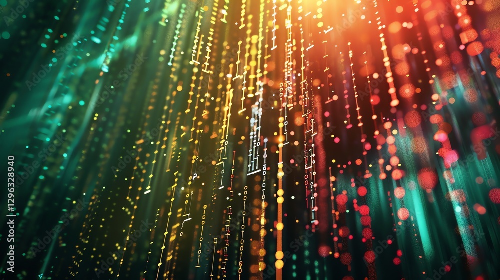 Poster a futuristic, digital rendering of green and orange lines of light with binary code.
