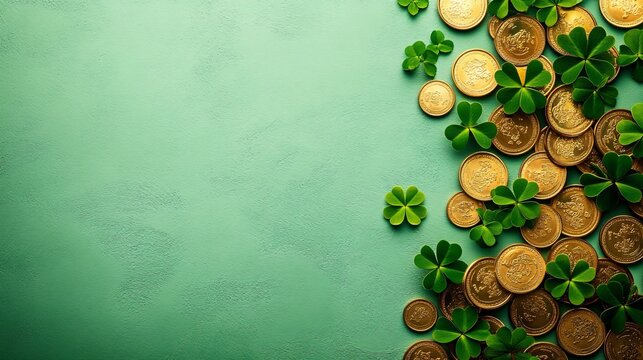 A festive arrangement of golden coins and clovers on a mint green background, ideal for St. Patrick's Day greetings, celebrations, or themed promotions.