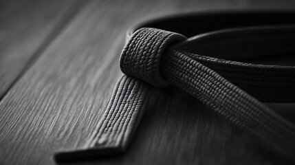Tied Black Belt on Wood Surface Showing Discipline and Martial Arts