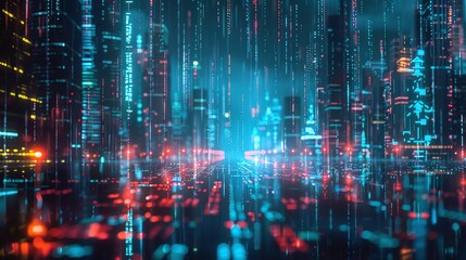 A futuristic city with glowing blue and red lights with binary code in the background.