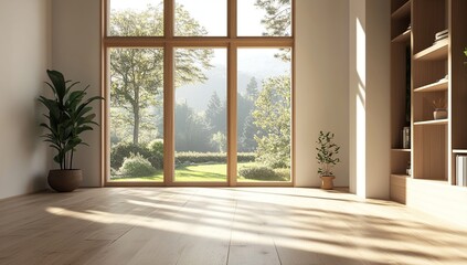 Fototapeta premium Bright Minimalist Room with Large Window and Green View