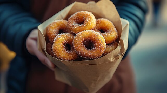 High-resolution photography of mini doughnuts dusted with cinnamon sugar, served in a paper bag for a warm and cozy street food feel