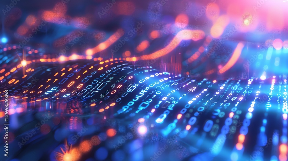 Poster an abstract digital background of binary code with vibrant glowing lights.