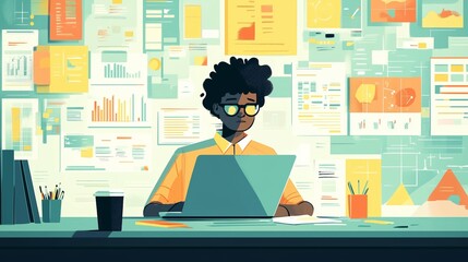 Fototapeta premium Report Preparation. Flat illustration of a professional typing on a laptop surrounded by papers, graphs, and charts in a modern workspace.