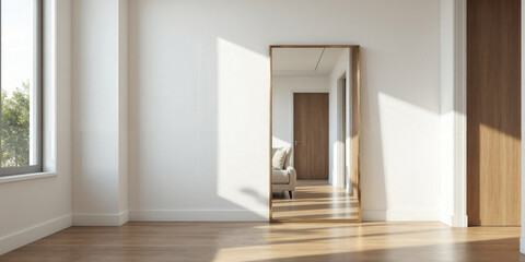 Obraz premium Large sleek mirror with an elegant gold frame, leaning against a pristine white wall in a modern hallway. The reflection