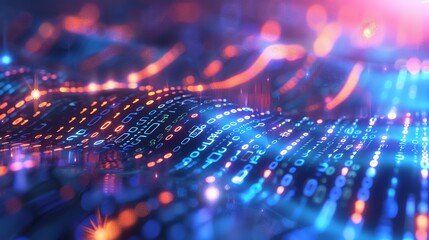 An abstract digital background of binary code with vibrant glowing lights.