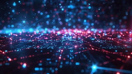 A digital rendering of a network of glowing blue and red lines and dots.
