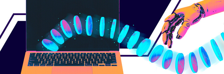 Banner. Conceptual art design. Robotic hand receiving coins from laptop, symbolizing AI-driven economy and automated transactions. Concept of online business, fintech, mobile banking.