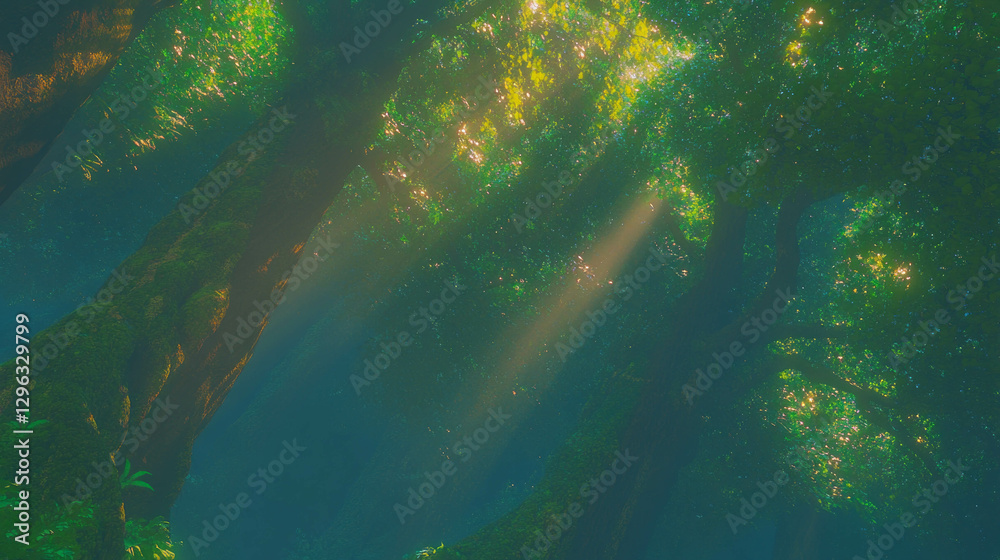 Poster mystical forest enchantment with sunlight streaming through ancient trees